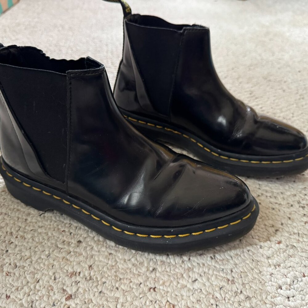 Dr. Martens Biana black patent leather Chelsea boot (pull-on), women's size 6